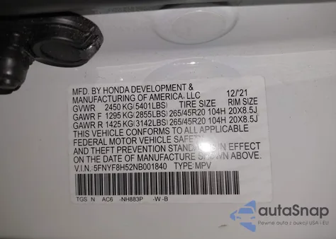 2022 Honda Passport Awd Ex-L from USA, damaged, VIN 5FNYF8H52NB001840
